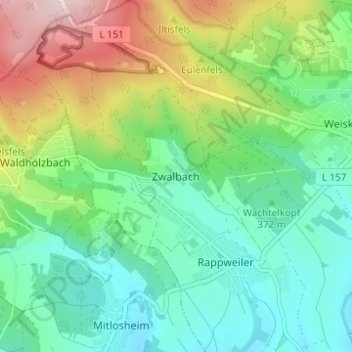 Topografische kaart Zwalbach, hoogte, reliëf