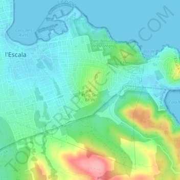Topografische kaart Puig Sec, hoogte, reliëf