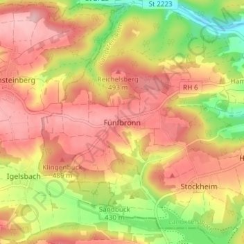 Topografische kaart Fünfbronn, hoogte, reliëf