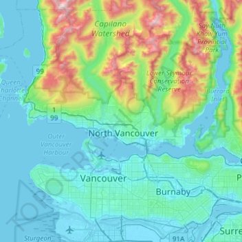 Topografische kaart District of North Vancouver, hoogte, reliëf