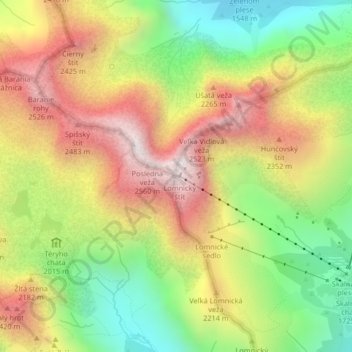 Topografische kaart Lomnický štít, hoogte, reliëf