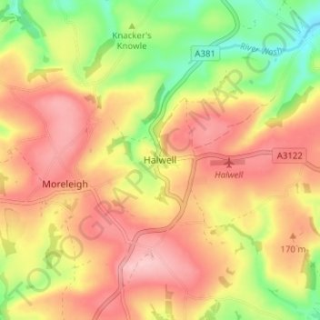 Topografische kaart Halwell, hoogte, reliëf