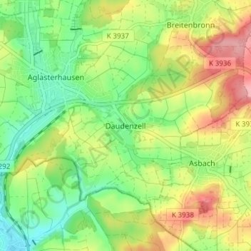 Topografische kaart Daudenzell, hoogte, reliëf