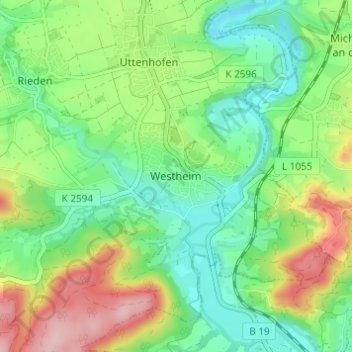 Topografische kaart Westheim, hoogte, reliëf