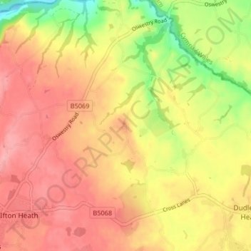 Topografische kaart Dudleston, hoogte, reliëf
