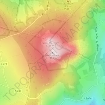 Topografische kaart Mont Mézenc, hoogte, reliëf