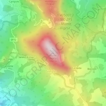 Topografische kaart Monte Vigese, hoogte, reliëf