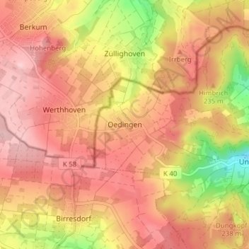Topografische kaart Oedingen, hoogte, reliëf