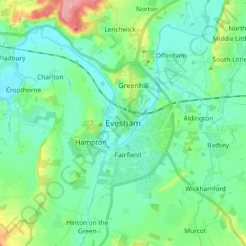 Topografische kaart Evesham, hoogte, reliëf