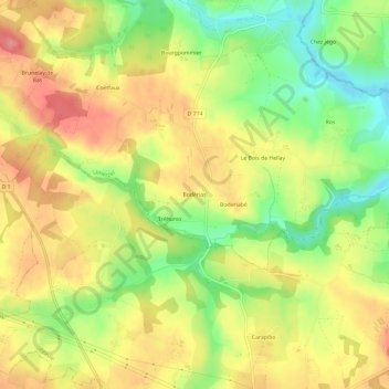 Topografische kaart Bodérias, hoogte, reliëf
