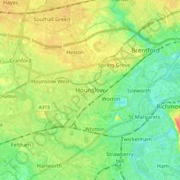 Topografische kaart Hounslow, hoogte, reliëf