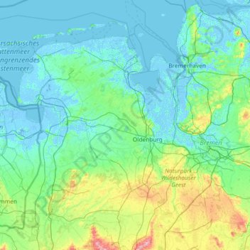 Topografische kaart Ammerland, hoogte, reliëf
