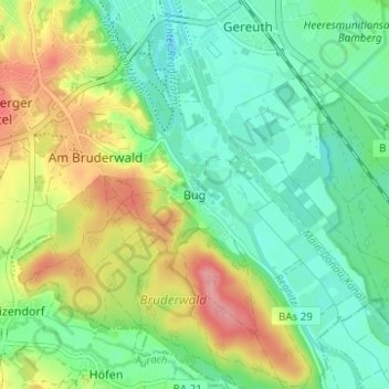 Topografische kaart Bug, hoogte, reliëf