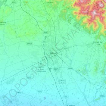 Topografische kaart Udine, hoogte, reliëf