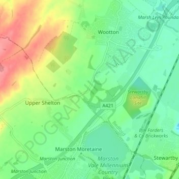 Topografische kaart Wootton Green, hoogte, reliëf