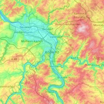 Topografische kaart Koblenz, hoogte, reliëf
