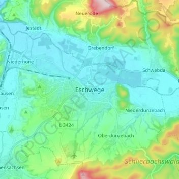 Topografische kaart Eschwege, hoogte, reliëf