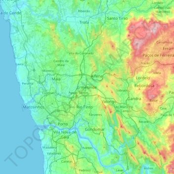 Topografische kaart Ermesinde, hoogte, reliëf