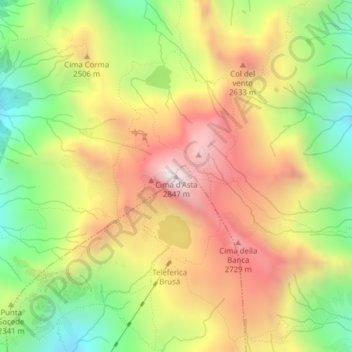 Topografische kaart Cima d'Asta, hoogte, reliëf