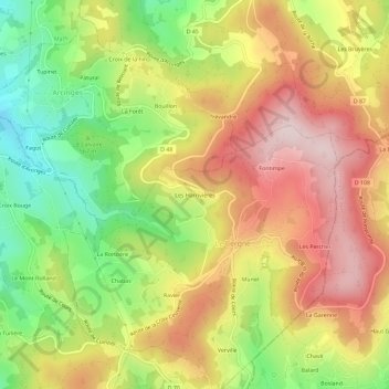 Topografische kaart Les Harrivières, hoogte, reliëf