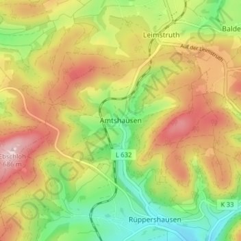 Topografische kaart Amtshausen, hoogte, reliëf