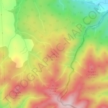 Topografische kaart Poggi Alti, hoogte, reliëf