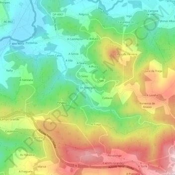 Topografische kaart Os Pontigos, hoogte, reliëf