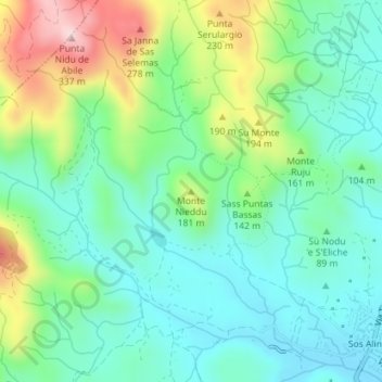 Topografische kaart Monte Nieddu, hoogte, reliëf