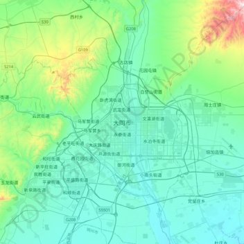 Topografische kaart 平城区, hoogte, reliëf