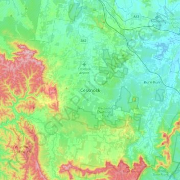 Topografische kaart Cessnock, hoogte, reliëf