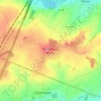 Topografische kaart Monchy-le-Preux, hoogte, reliëf