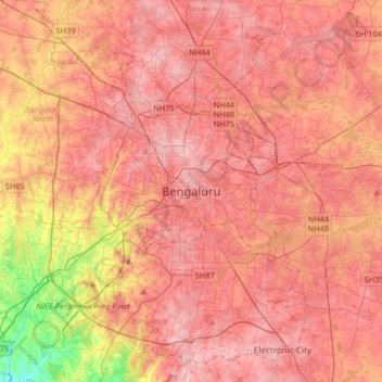 Topografische kaart Bengaluru, hoogte, reliëf