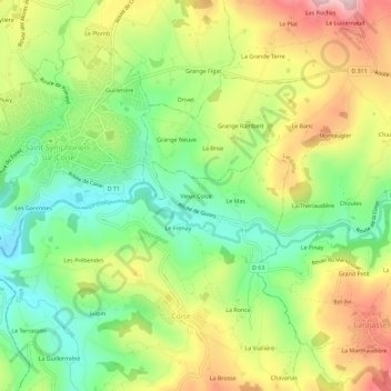Topografische kaart Vieux Coise, hoogte, reliëf