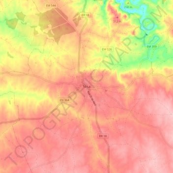 Topografische kaart Nisa, hoogte, reliëf