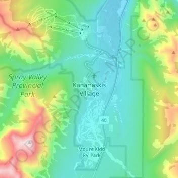 Topografische kaart Kananaskis Village, hoogte, reliëf