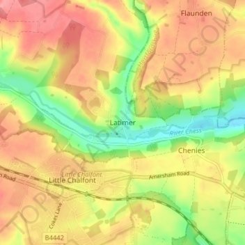 Topografische kaart Latimer, hoogte, reliëf