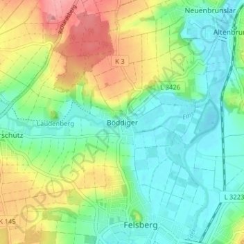 Topografische kaart Böddiger, hoogte, reliëf