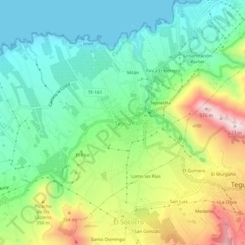 Topografische kaart Tejina, hoogte, reliëf