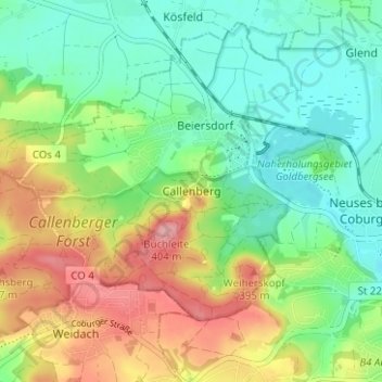 Topografische kaart Callenberg, hoogte, reliëf