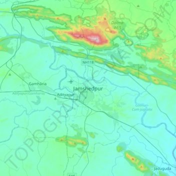 Topografische kaart Jamshedpur, hoogte, reliëf