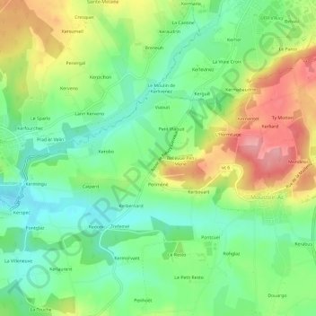 Topografische kaart Kervallée, hoogte, reliëf