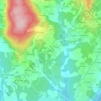 Topografische kaart O Bouzón, hoogte, reliëf