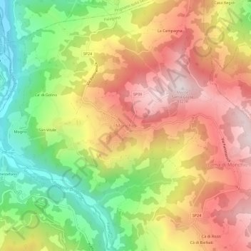 Topografische kaart Monchio, hoogte, reliëf
