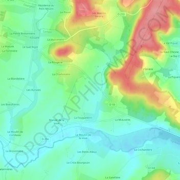 Topografische kaart Le Verger, hoogte, reliëf