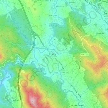 Topografische kaart Alvre, hoogte, reliëf