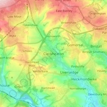 Topografische kaart Cleckheaton, hoogte, reliëf