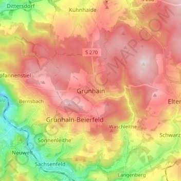 Topografische kaart Grünhain, hoogte, reliëf