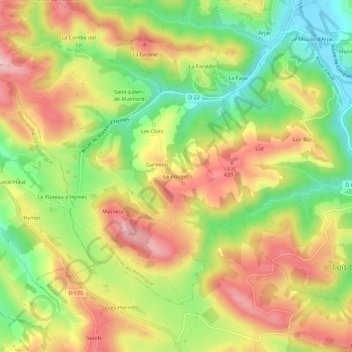 Topografische kaart Le Pouget, hoogte, reliëf