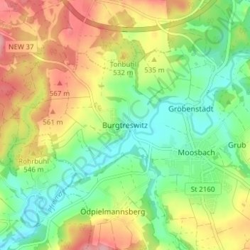 Topografische kaart Burgtreswitz, hoogte, reliëf