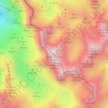 Topografische kaart Torre Cerredo, hoogte, reliëf
